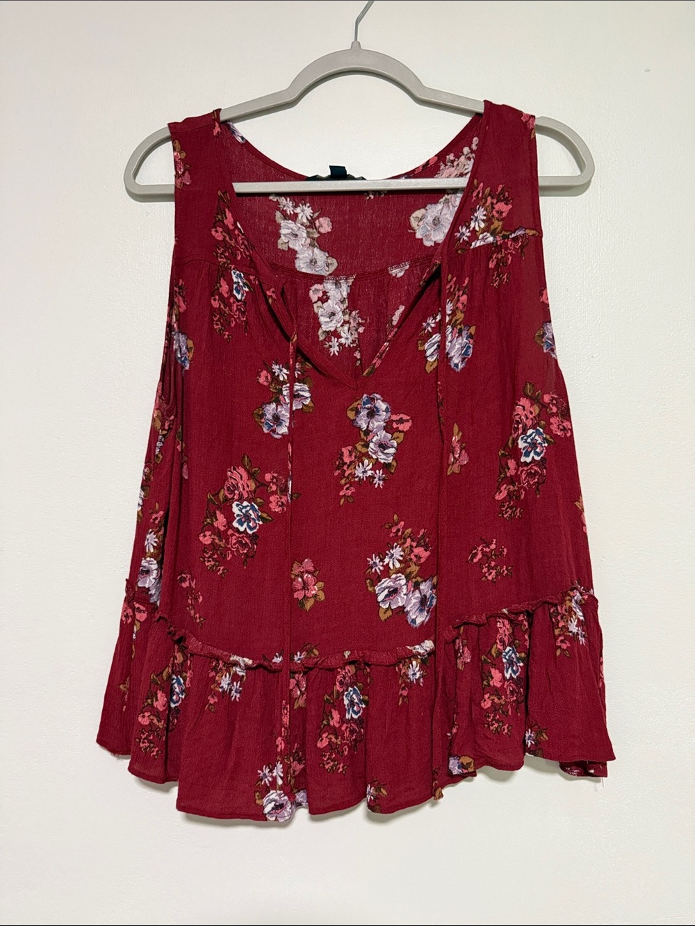 American Eagle Outfitters Burgundy Floral Ruffle-Hem Tank